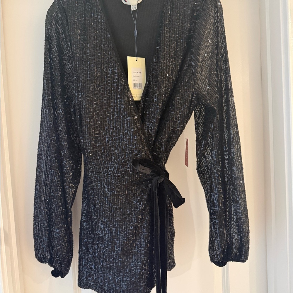 Black Sequin Wrap top with velvet tie